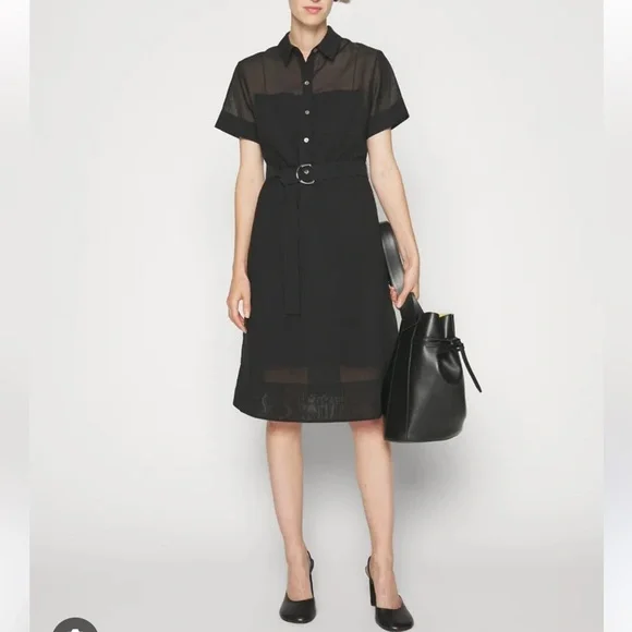 theory shirt dress black Black Cotton Belted Shirt Dress